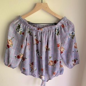 Oona & Maud tie front floral white plaid print shirt - size S